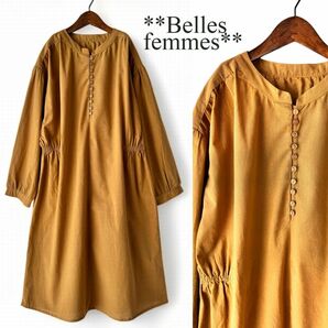 ★Belles*★送料185円★新品★M～L*大人ナチュラル*バンドカラー*コットン100%*ゆったりチュニックワンピース*176567マスタードの画像1