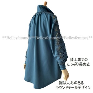 ★Belles*★新品*送料185円*今すぐ着られる春*重ね着*上品セレブチュニック*繊細なモチーフレース*ゆったりブラウス*588ブルーM～L/LL/XLの画像4