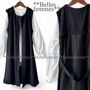 ★Belles*★新品★送料185円*後ろプリーツとベルト*こなれ感のあるロングベスト*たっぷり長め丈*ゆったりサイズ*355*黒*ブラック*M～L