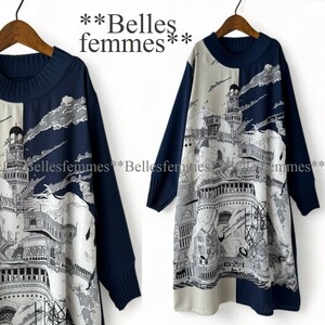 ★Belles*★新品★送料185円*春のネイビー*華やかパネル柄*襟と袖口が上品なプリーツ*膝丈チュニックワンピース*94012*ゆったりM～Lミセス