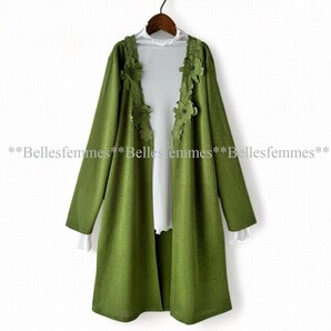 ★Belles*★送料185円★新品★フラワーモチーフ*上品で大人可愛い*ロングカーディガン*膝丈カーディガン*5407グリーン*M～L*ミセスの画像8