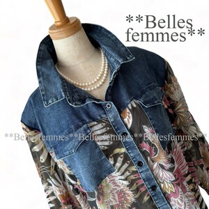 ★Belles*★新品★M～L★送料185円*エッジの効いた個性的デザイン*デニム＆シフォン切替*たっぷり長め丈*チュニックブラウス*443