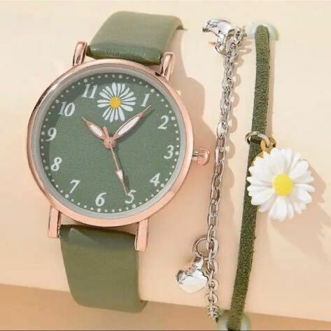 腕時計 レディース 2点セット ブレスレット カーキ 可愛い 花 緑 とけい