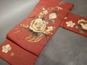 ◆椿 梅 刺繍 名古屋帯◆ 時代衣装古裂古布法衣装束狩衣神主衣装巫女公家衣装有職衣装袈裟打敷表具裂金襴錦裂