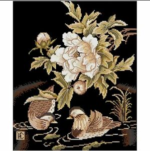 クロスステッチキット 水遊びをするおしどり 鴨 牡丹 鳥 日本画 14CT 34×41cm 布に印刷印刷なし 刺繍