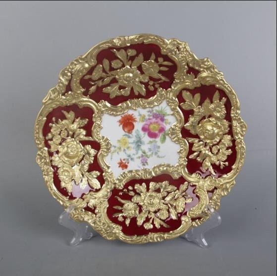 Meissen Handgefertigter Meissener Teller Western Tableware Grants Gold Relief Kobalt Großer Teller Dekorativer Teller Rot, Geschirr, Nach Marke, Meißen