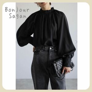 【新品タグ付き】シアーギャザーブラウス /ブラック　Bonjour Sagan