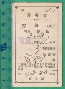戦前鉄道軟券切符74■寝台券 貳等 参圓 東京駅発 / 大正7年　*東京駅
