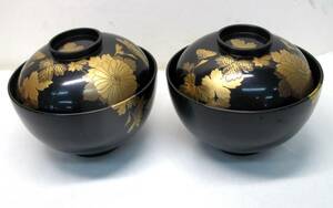 輪島菊蒔絵 木製うるし塗り椀 漆器 蓋付きお椀 2客 年代物