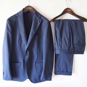 美品 48 ブートニエール付 LARDINI NAVY SUIT WOOL ラルディーニ セットアップ スーツ ネイビー 新ロゴ 紺 春夏