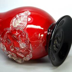 ガラス花瓶⑥ 真っ赤な花瓶 吹きガラス 大正ロマン 大正ガラス 紫陽花模様 被せガラス アンティーク 美品 双耳はなし      の画像8