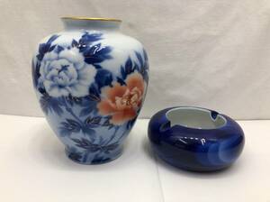  Fukagawa Seiji глубокий река производства ваза цветочный принт золотая краска синий пепельница комплект суммировать керамика 240412