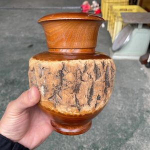 【店G-60】花瓶 壺 花器 古美術 アンティーク 木製 横13高さ19㎝