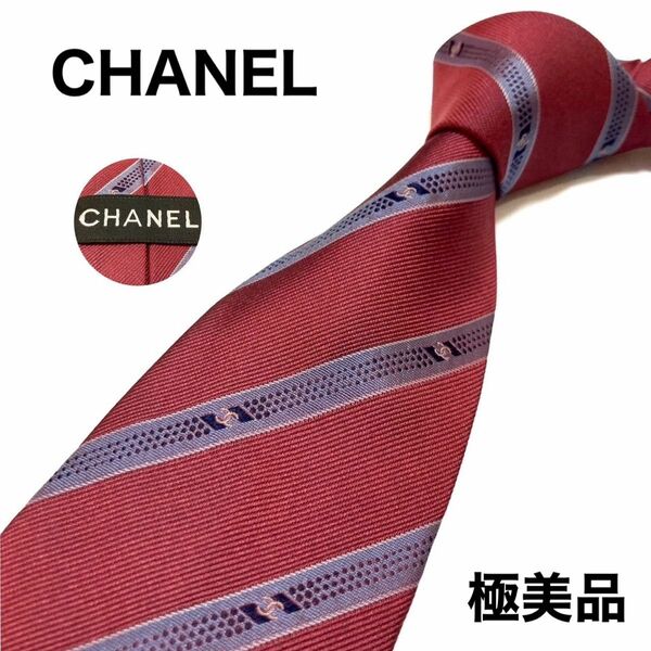 極美品　CHANEL シャネル　ネクタイ　ココマーク　レッド系　光沢感　厚手　ストライプ　ボルドー　ワインレッド　ハイブランドタイ