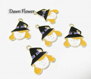 【D-0460】7pcs　魔女　24×18mm　ブラック＆オレンジ　チャーム　ハンドメイドパーツ