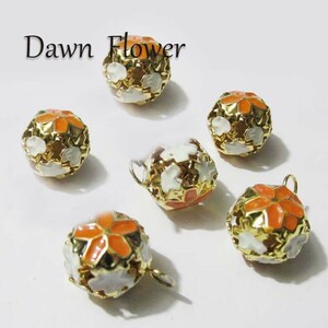 【D-1101】15pcs　花柄の鈴　20mm　オレンジ　チャーム　ハンドメイドパーツ