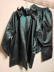 厚手　光沢深緑色　ビニールレインスーツ　ビニール合羽　PVC　レインコート　ジャケット　パンツ　セット