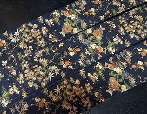 【古布＊縮緬＊和素材】縮緬＊梅枝に四季の草花模様、細幅3枚組、17ｘ305＊手作り＊市松人形＊パッチワーク＊縮緬細工＊雛節句＊昭和レトロ