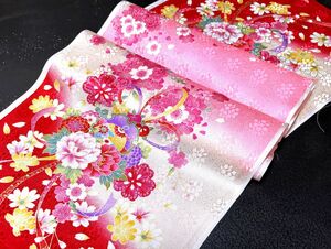 【古布＊縮緬＊和素材】紋錦紗＊桜紋、金彩取りの花くす玉、2枚組、37ｘ232＊手作り＊市松人形＊パッチワーク＊縮緬細工＊昭和レトロ