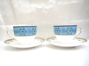 ◎K79588:WEDGWOOD ウェッジウッド TURQUOISE JEWEL ターコイズジュエル カップ＆ソーサー 2客 金彩 ブルー系 洋食器 中古 