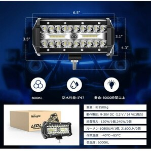 LED作業灯 ワークライト Nilight 12v-24v 投光器 デッキライト 120W 2個セット 船用ライト 除雪機 大型トラック 車 軽トラ作業 船舶用の画像5