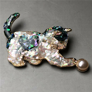猫 真珠象嵌 貝シェル  ブローチ  手芸 手作り品 共箱の画像10