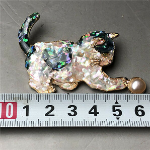 猫 真珠象嵌 貝シェル  ブローチ  手芸 手作り品 共箱の画像9