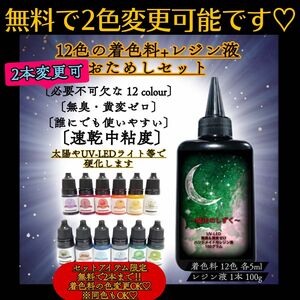 魔法のしずく 速乾中粘度レジン液 1本 100g & レジン着色剤12色 各5ml セット　2本カラー変更可能　レジン着色料