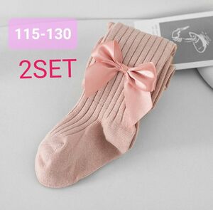 【2セット】115-130 キッズタイツ リボン レギンス 靴下 入園 入学 女の子 フォーマル ピンク