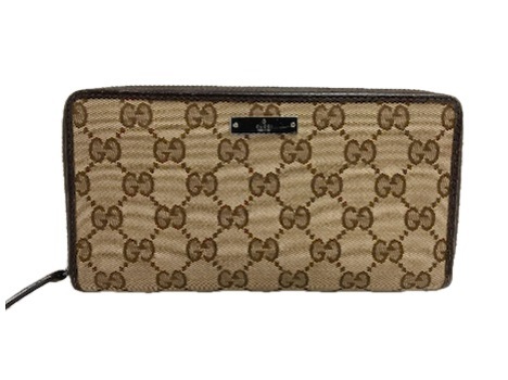 【中古】GUCCI　グッチ　ラウンドジップ長財布　茶キャンバス　GG柄　WALLET　ジッピー　　