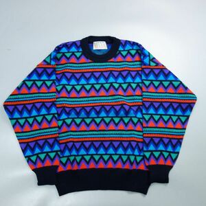 美品 90s CARLO MANZONI 総柄 ウールニット セーター メンズ L 古着 ヴィンテージ