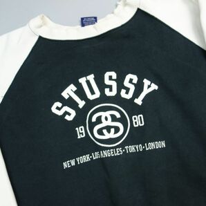 90s 00s STUSSY ステューシー USA製 紺タグ カレッジロゴプリントバイカラー ラグランスリーブスウェット L メンズの画像5