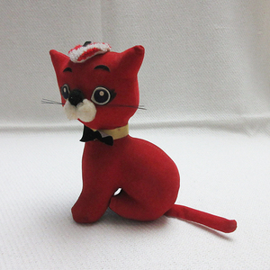 当時物■ベロア 猫 マスコット 人形 ぬいぐるみ フィギュア 赤 ネコ おがくず インテリア レトロ ヴィンテージ