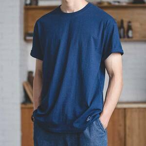 藍染 天然藍 7.5oz 綿100% スウェット 半袖 Tシャツ メンズ クルーネック インディゴ 濃紺 M