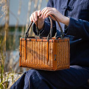  worker handmade basket back bamboo braided lady's net fee bag tote bag handbag . bag inside cloth attaching hand made bamboo keep hand 