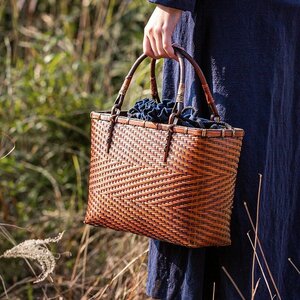 自然竹の編み上げ 手編み かごバック レディース 網代バッグ トートバッグ 籠 バッグ 内布付き ハンドメイド 長さ30×幅13×高さ19cm