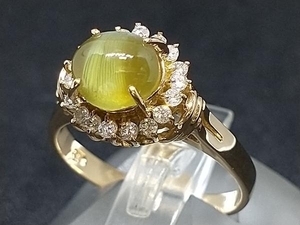 鑑別書付き 天然クリソベルキャッツアイ ダイヤモンド リング 指輪 イエローゴールド 1.74ct D0.203ct 3.1g #11 店舗受取可