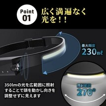 ヘッドライト 充電式 led 最強 軽量 ヘルメット cob usb 防水 懐中電灯 頭 人感センサー 作業灯 釣り 登山 防水 防災 (wthl0010) 1_画像3