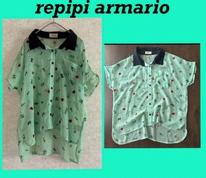 【repipi armario】総柄 半袖シャツ シアーシャツ シースルーシャツ トップス ブラウス グリーン