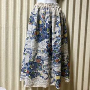 着物(夏物小千縮)リメイク　涼しく素敵なギャザースカート　ハンドメイド　F