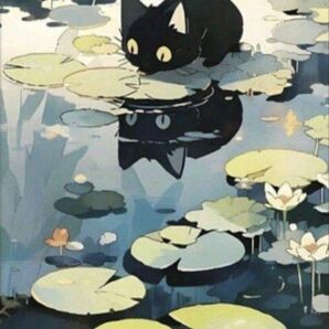 新品ダイヤモンドアート30×40 黒猫　子猫と蓮の池　可愛いネコさん　アニメ　作成キット