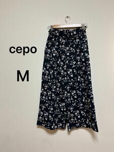 cepoセポ　花柄ワイドパンツ　綿コットンパンツハイウエスト　レディースMサイズ　ウエストリボン　ブラック黒フラワーウエストゴム