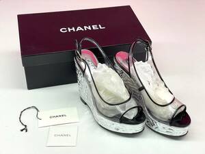 S304-K43-168 CHANEL シャネル サンダル 厚底 シルバー×ブラック ビニール ソール/約4~13cm サイズ 36 1/2 (23.5cm) 外箱付