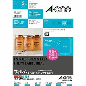  A-one label seal ink-jet super water-proof lustre film transparent A4no- cut 3 seat 30601E