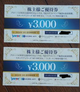 ビジョン 株主優待券 3000円×2枚セット グローバルWiFi 国内WiFiレンタル グランピング 温泉旅館 KOSHIKA こしか 送料無料 未使用