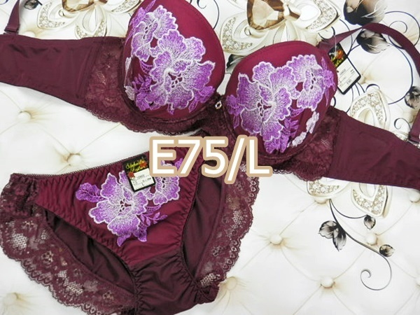 P085-E75/L ブラ＆ショーツセット 新品/紫系 ハーフレース 花柄刺繍