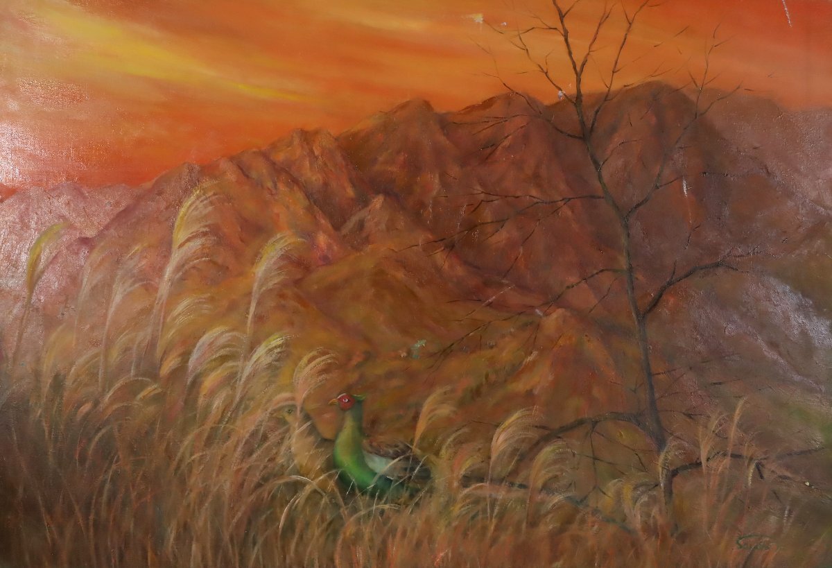 تونيغاوا سايوكو منظر طبيعي لجبل مع الطيور لوحة زيتية بحجم 50 لوحة منظر طبيعي كبيرة مؤطرة, تلوين, طلاء زيتي, طبيعة, رسم مناظر طبيعية
