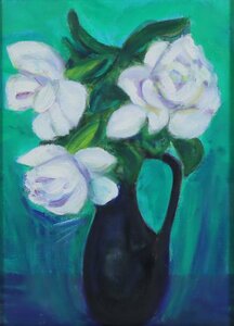 Art hand Auction 油画《白色花朵》F4尺寸等效裱框作品/油画艺术家不详画框空框, 绘画, 油画, 静物