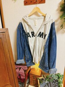 ◆パーカー デニムリメイク ◆古着　リメイク　パーカー　デニム　ARMY