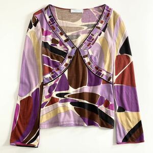 Ge3 EMILIO PUCCI エミリオプッチ 長袖 カットソー VネックTシャツ 総柄 ウール100% マルチカラー◎ Mサイズ相当 レディース 女性服